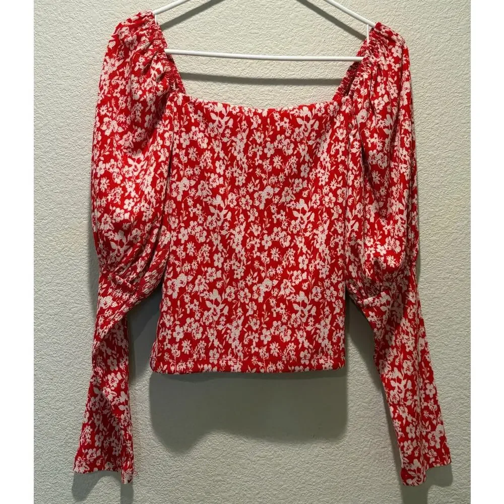 Anthropologie Red White Floral Puff Long Sleeve Pullover Blouse Size S
